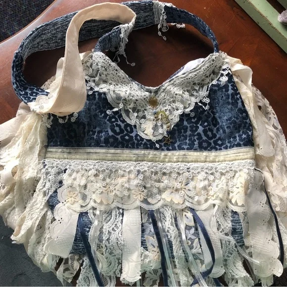 Bohemian Blue Animal Print Cross body Bag w/white lace,ribbon & blue aventurine